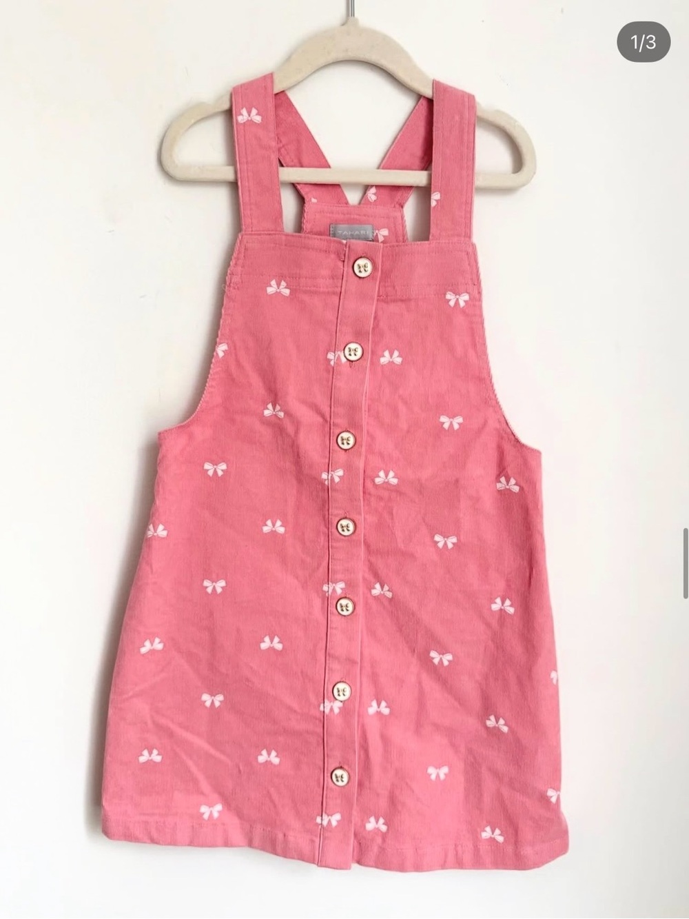 Tahari Girls Pink Button-Front Pinafore Dress with White Bow Prints (Size 6)